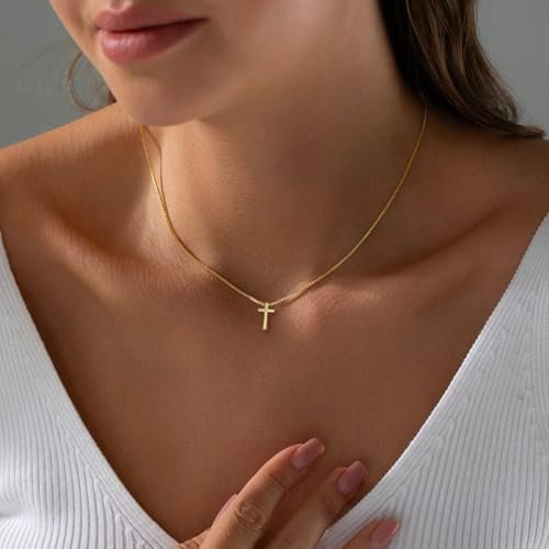 Gold Cross Necklace for Women Trendy, 14K Gold Plated Charm Choker, Pendant Necklace (Cross-Box Chain) - Colour Name : Cross-box Chain - Image 3
