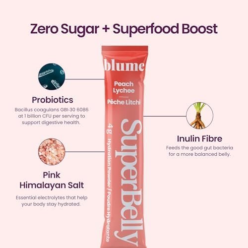 NEW Blume SuperBelly Gut Health + Hydration, Daily Sugar Free Probiotics, Inulin Fiber, and Hydrating Minerals Powder Packets for Digestion Support - Peach Lychee, 15 Sticks - Flavour Name : Peach Lychee - Image 4