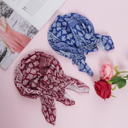 4pcs Pre-Tied Chemo Head Scarf Beanie Covers Cap Head Scarves Sleep Turban Hat Women Bandana with Stretch Print Ruffle Blue, Blue, 0 - Image 4