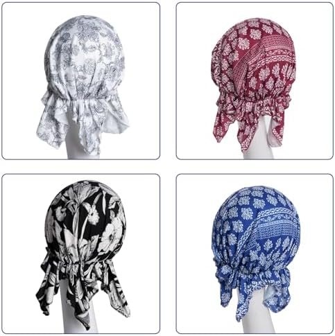 4pcs Pre-Tied Chemo Head Scarf Beanie Covers Cap Head Scarves Sleep Turban Hat Women Bandana with Stretch Print Ruffle Blue, Blue, 0 - Image 5
