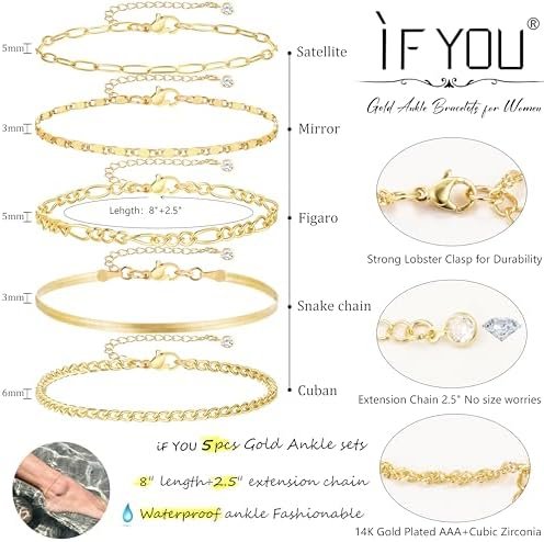 Gold Ankle Bracelets for Women, 14k Gold Plated Waterproof Cuban Link Chain Anklets Set, Layered Anklet Bracelets for Women Beach Gift Adjustable Size 5pc (GOLD-1) - Image 4