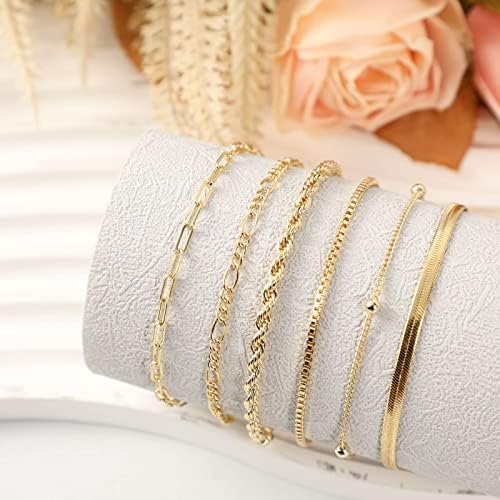 JECOMY Gold Bracelets for Women Gold Chain Bracelet 6 Sets for Women 14K Gold Plated Dainty Link Paperclip Bracelets Cuba Stackable Layered Metal Link Bracelet - Colour Name : Paperclip/Figaro - Image 7