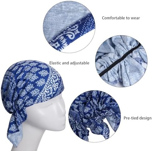4pcs Pre-Tied Chemo Head Scarf Beanie Covers Cap Head Scarves Sleep Turban Hat Women Bandana with Stretch Print Ruffle Blue, Blue, 0 - Image 3