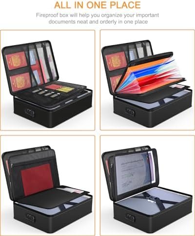 JUNDUN Fireproof Document Organizer Box with Accordion - Size : L with Aluminum Foil - Colour Name : Black - Image 5