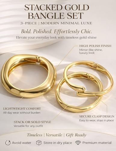 Chunky Gold Bangle Bracelets for Women, Dainty 14k Gold Plated Big Stackable Bangles Set, Trendy Cuff Bracelet Stack Fashion Jewelry Gifts (A1 gold bangles) - Colour Name : A1: Gold Bangles - Image 8