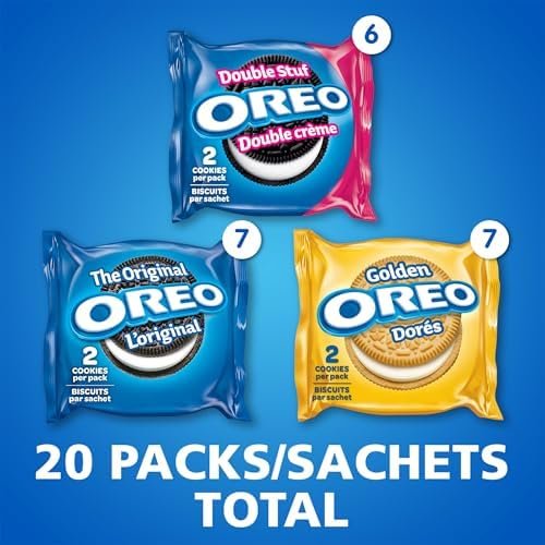 OREO, 20 Snack Packs (Individually Wrapped), 40 Cookies, School, Lunch, Travel, Gift, Birthday, Bulk Variety Pack of OREOs Original Chocolate & Double Stuf & Golden Vanilla Sandwich Cookies, 482g - Flavour Name : Assorted - Size : 482 g (pack of 20) - Image 5