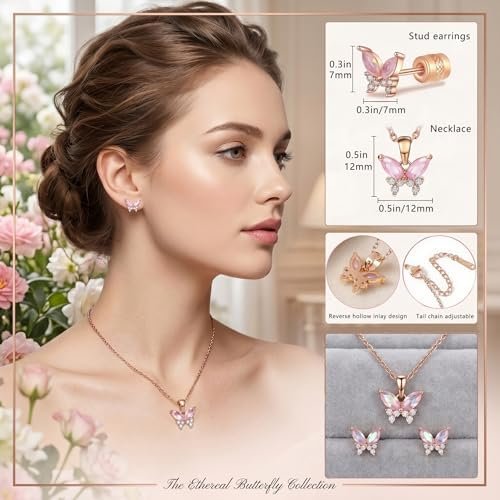 Hypoallergenic Butterfly Jewelry Set for Women, Girls - Cubic Zirconia Stud Earrings & Pendant Necklace Gift for Christmas, Birthday, Fans - Gift for Daughter, Granddaughter, Niece - Colour Name : Butterfly Set - Image 7