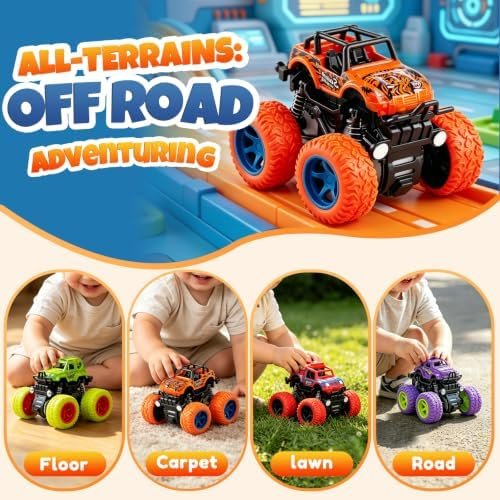 4 Pack Monster Trucks Toys for Boys 2 3 4 5 6 7 Year Old, Friction Powered Pull Back Car Toys for Toddlers Kids Ages 3-5 2-4 4-7, - Style : Car Toys 4Pack - Image 5
