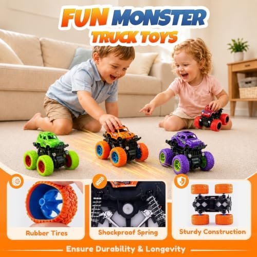 4 Pack Monster Trucks Toys for Boys 2 3 4 5 6 7 Year Old, Friction Powered Pull Back Car Toys for Toddlers Kids Ages 3-5 2-4 4-7, - Style : Car Toys 4Pack - Image 4