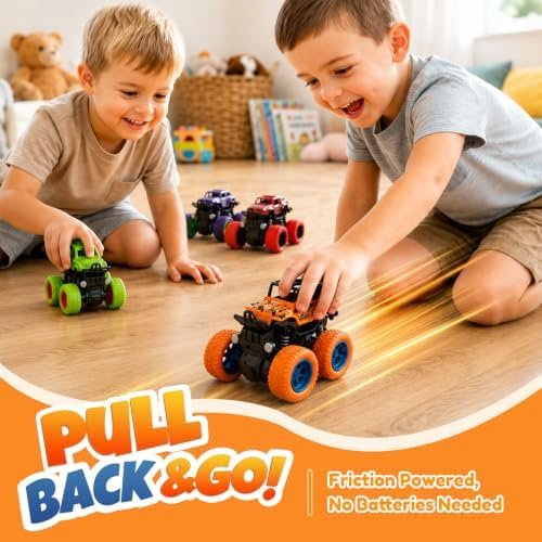4 Pack Monster Trucks Toys for Boys 2 3 4 5 6 7 Year Old, Friction Powered Pull Back Car Toys for Toddlers Kids Ages 3-5 2-4 4-7, - Style : Car Toys 4Pack - Image 3