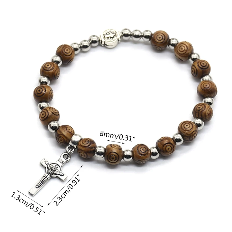 8mm Wood Beads Rosary Bracelet Vintage Jesus Christ Crucifix for Cross Wristband Chain Bracelets Men Unisex Jewelry Charm Gift - Image 5
