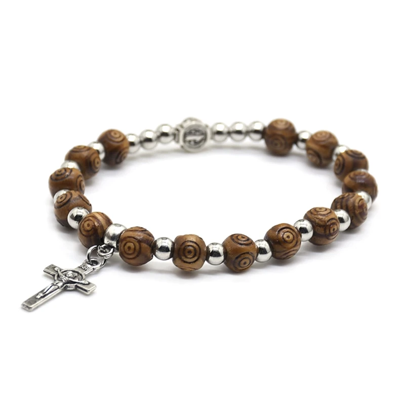 8mm Wood Beads Rosary Bracelet Vintage Jesus Christ Crucifix for Cross Wristband Chain Bracelets Men Unisex Jewelry Charm Gift - Image 3