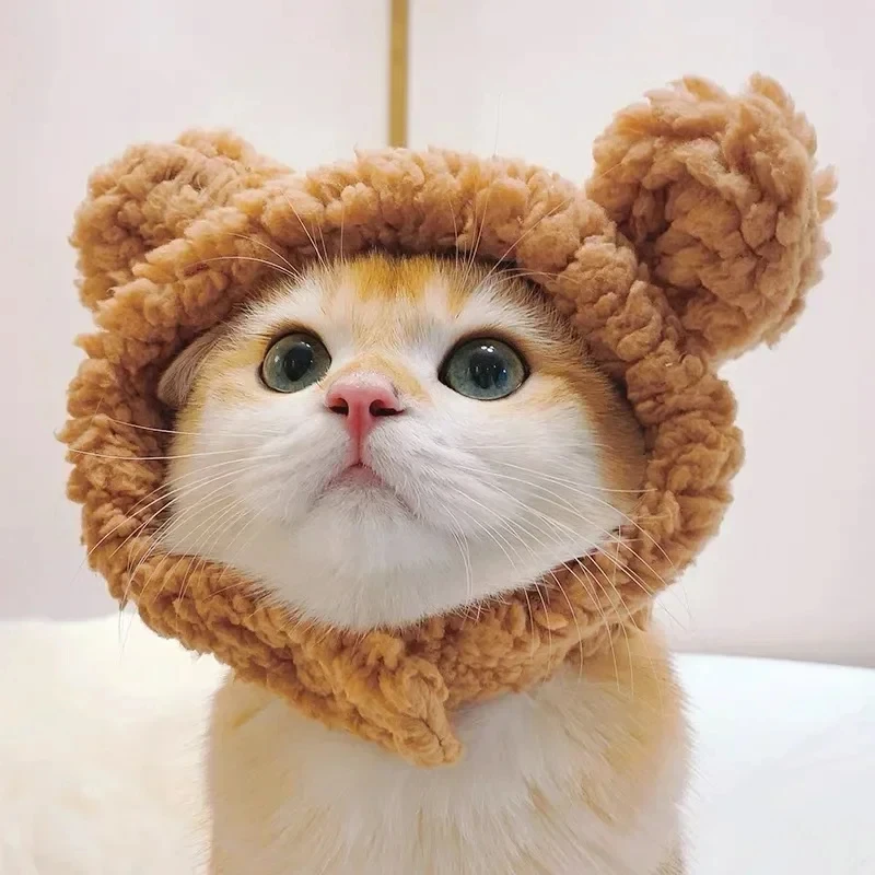Funny Cat Cap Bear Plush Head Cover Cute Cat Dog Woven Warm Headdress Pet Hat Kitten Puppy Cosplay Costume Accessories - Image 3
