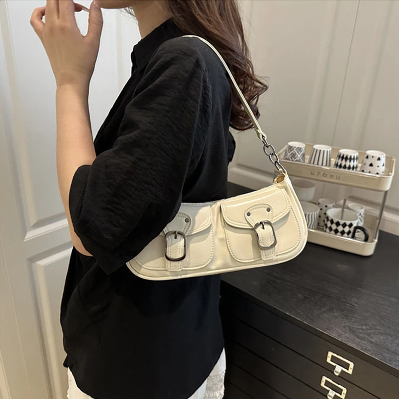 Fashion Pu Leather Women's Shoulder Bag Small Double Pocket Design Ladies Underarm Bags Y2k Vintage Female Handbags Clutch Purse - Image 5